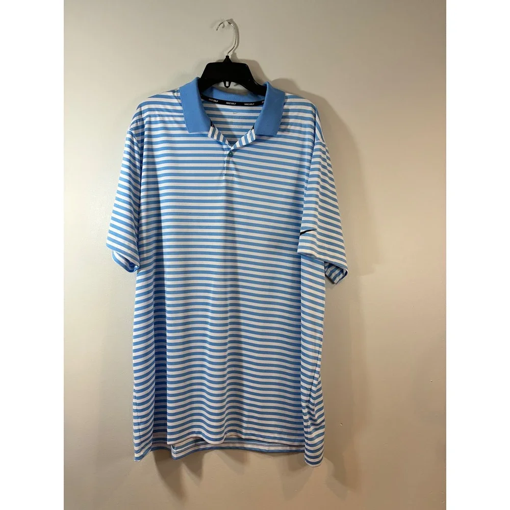 Nike Golf Polo Shirt Dri-FIT Striped Blue White Athletic Mens Performance Size L